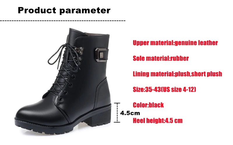 WOIZGIC Female Ladies Women Genuine Leather Ankle Boots Platform Winter Antumn Plush Fur Warm Shoes Plus Size Lace Up 35-43