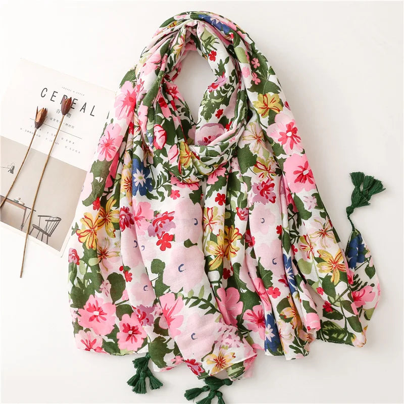 2026 Luxury Brand Ink Painting Floral Tassel Viscose Shawl Scarf Lady High Quality Pashmina Hijab and Wraps Foulard Muslim Sjaal
