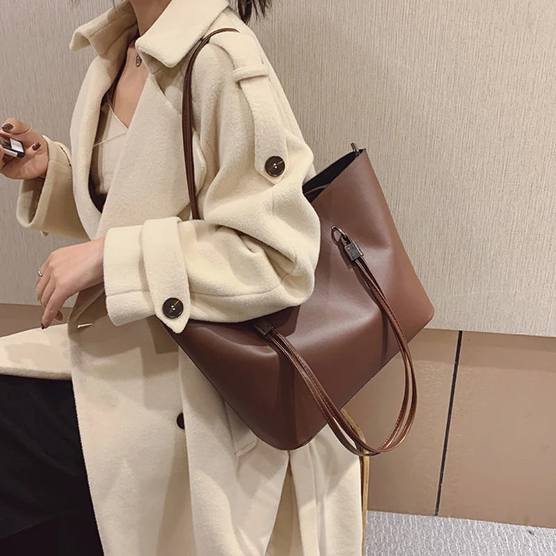 Solid Color Women's PU Leather Handbag and Purse Luxury Large Capacity Fashion Shoulder Bags Female Designer Shopping Tote Bags