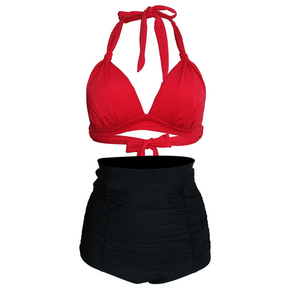 Pleated Bikini Red Top Navy Blue With White Dots Bottom Women Classic High Waist Halter Bikini Sets Plus Size Two-piece Swimwear