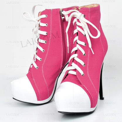 LAIGZEM Canvas Botines Mujer Women Platform Booties High Heel Side Zip Short Ankle Boots Shoes Woman Ladies Large Size 34 42 452