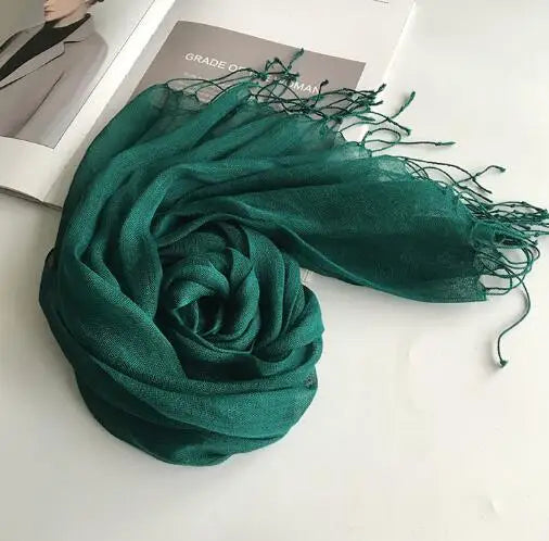 55*180cm Fashion Soft Solid Women 100% Linen Flax Tassel Scarf Summer Travel Sunscreen Long Shawl Elegant Hijab Women Foulard