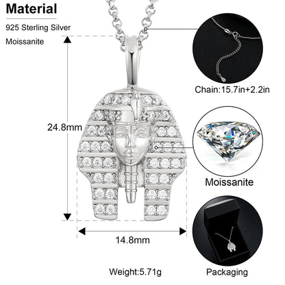 Hip Hop Ancient Egyptian Moissanite Pendant Necklace Chain Punk King Tutan Pharaoh Men's Hip Hop Bling Necklaces Rock Party Gift