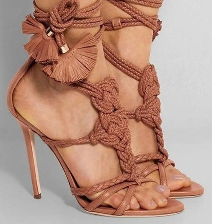 Sexy Rope Knot High Heel Sandals Braided Straps Cut Outs Summer Shoes Lace-up Stiletto Heels Gladiator Sandals Pink Brown Green