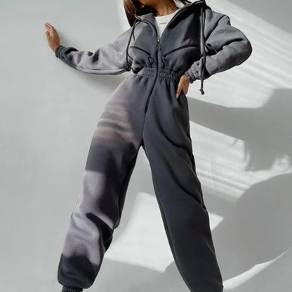 Warm Winter Women Hooded Playsuit Solid Color Thick Tight Waist Rompers Casual Women Hoodie Jumpsuit Overalls combinaison femme