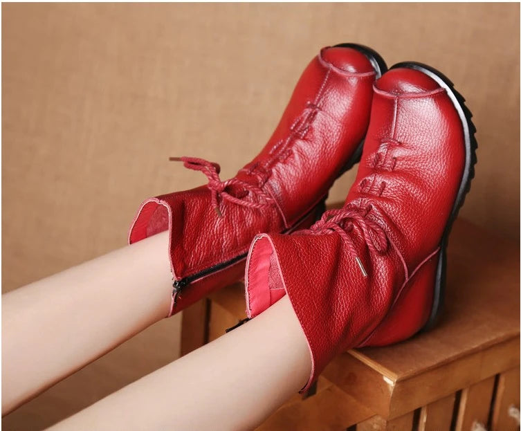 JIANBUDAN/ Genuine Leather Plush Women's Short Boots Retro Casual Autumn Winter Women's Boots Waterproof Leather Warm Snow Boots
