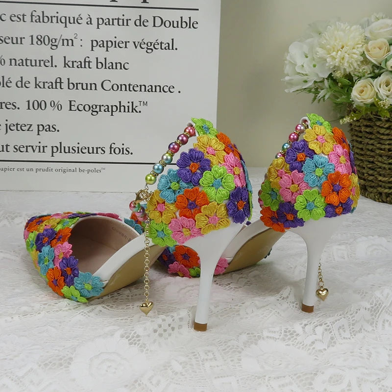 Fashion multicolored Flower Wedding Shoes With Matching Bags High Heels Pointed Toe Ankle Strap Ladies Party shoe and bag set