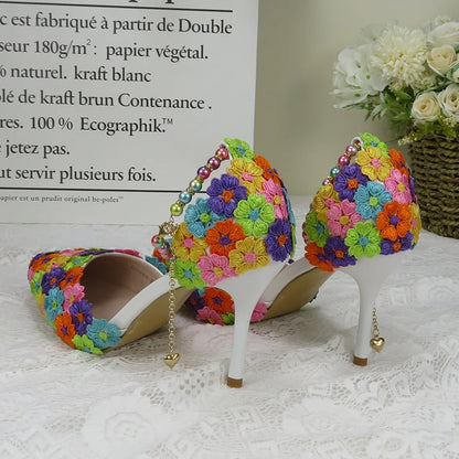 Fashion multicolored Flower Wedding Shoes With Matching Bags High Heels Pointed Toe Ankle Strap Ladies Party shoe and bag set