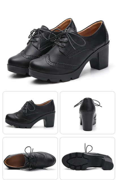 EOFK Women Brogue Shoes New Quaity High Square Heel Derby Genuine Leather High Heels Wedge Shoes Woman Female Shoes Pumps Casual
