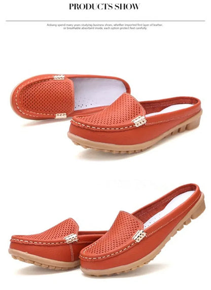 Women Casual Shoes Hollow Out Lady Half Lofers Genuine Leather Flats Moccasins Women Luxury Brand Half Slippers Zapatillas Mujer