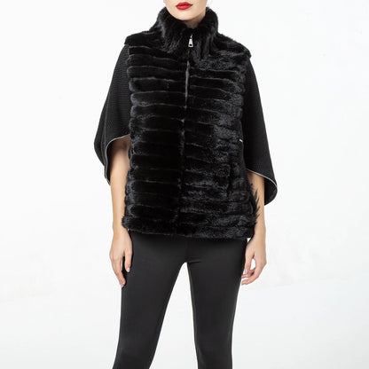 Women's Natural Mink Fur Jacket Coat, Wool Sleeve, Zipper, Bat Sleeve, Casual Short Vest, Designer, Autumn, Winter,  21A0901