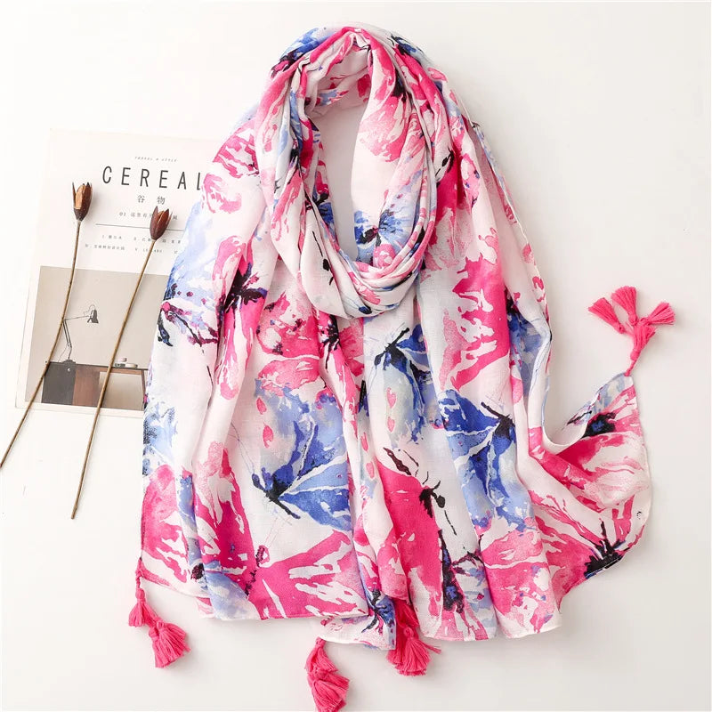 2026 Luxury Brand Ink Painting Floral Tassel Viscose Shawl Scarf Lady High Quality Pashmina Hijab and Wraps Foulard Muslim Sjaal