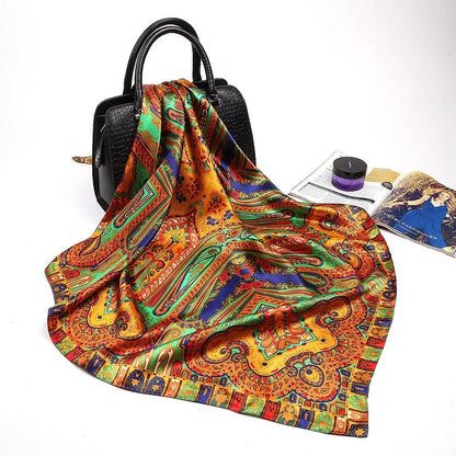 Wholesale Fashion Floral Print Kerchief Silk Satin Shawls and Wraps Hijab Scarfs Female 90cm*90cm Square Bag Scarves For Ladies