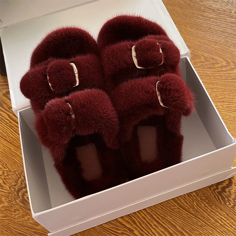 Luxury Designer Slipper Women 2025 Winter European Fashion Women's Shoes Ladies Slippers 100% Mink Slippers Shoes for Woman