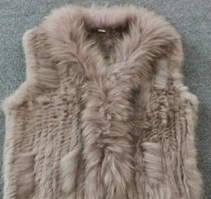 new fashion rabbit fur vest knit rabbit vest 80cm long style for women raccoon fur collar trim fur waistcoat pocket decoration