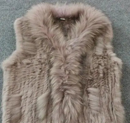 new fashion rabbit fur vest knit rabbit vest 80cm long style for women raccoon fur collar trim fur waistcoat pocket decoration