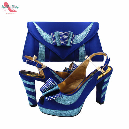 2024 High Quality Fashion Nigerian Women Shoes Matching Bag Set in Royal Blue Color Specials Design with Appliques for Party