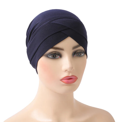 H117 Forehead criss Cross Muslim Turban Pure Color Stretch Inner Hijabs For Caps Ready To Wear Women Head Scarf Under Bonnet