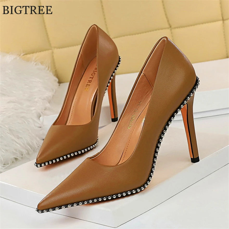 BIGTREE Sexy Rivets String Bead Women's Shoes Party Soft Leather Pointed Toe High Heels Pumps Spring Shallow Office Shoes Women