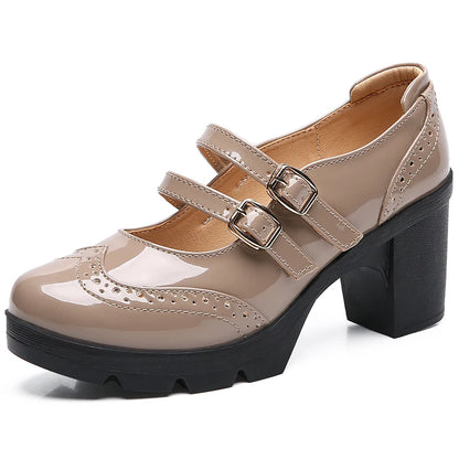 EOFK Women Pumps Shoes Genuine Leather New Mary Jane High Heels Shinny Patent Woman Ladies Shoes Pumps Brogue High Square Heel
