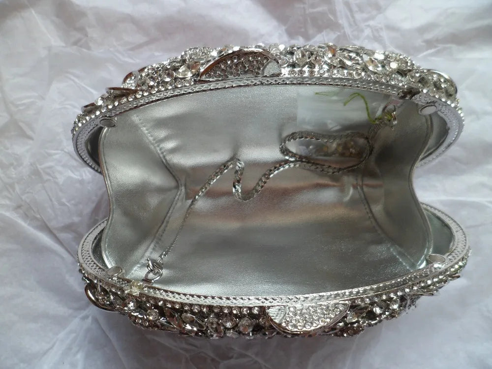 Gold Metal Leaves White Crystals Evening Clutch Bags Luxury Women Wedding Party Purse Ball Handbags Rhinestone Mini Minaudiere