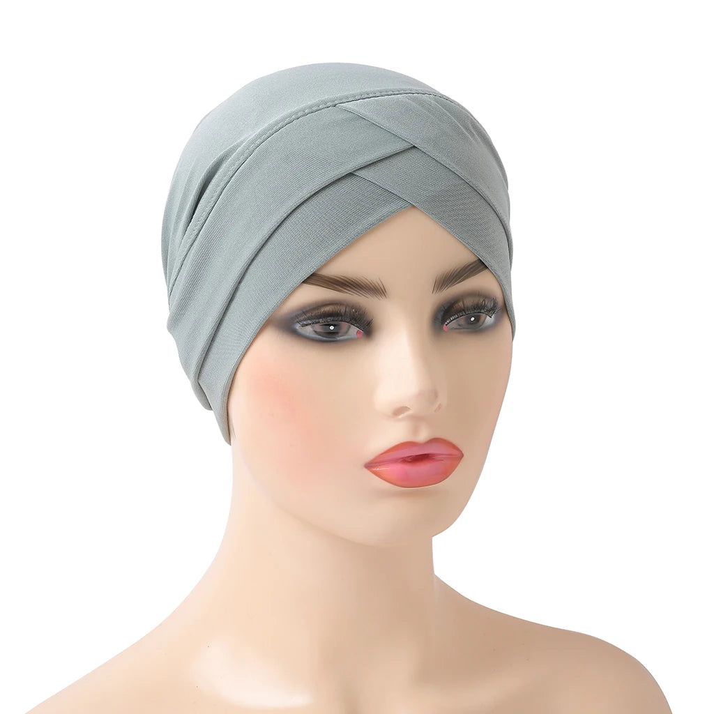 H117 Forehead criss Cross Muslim Turban Pure Color Stretch Inner Hijabs For Caps Ready To Wear Women Head Scarf Under Bonnet
