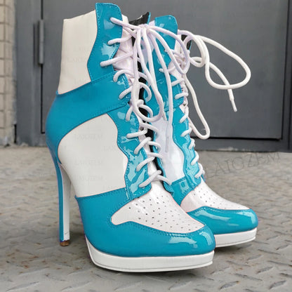 LAIGZEM Women Ankle Boots Round Toe Shiny Thin High Heels Comfortable Lace Up Short Boots Ladies Girls Big Size 41 45 46 47