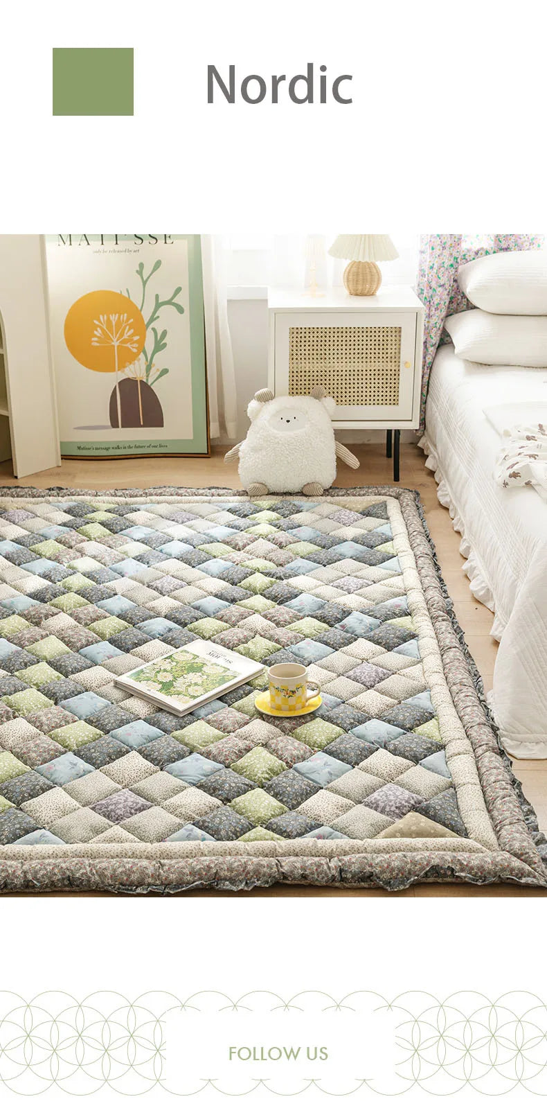 Large Thick Cotton Quilted Rugs for Living Room Anti Slip Bedroom Bedside Carpet Rugs Winter Warm Floral Print Tatami Floor Mats