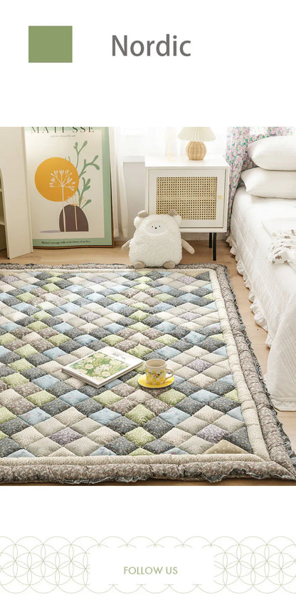 Large Thick Cotton Quilted Rugs for Living Room Anti Slip Bedroom Bedside Carpet Rugs Winter Warm Floral Print Tatami Floor Mats