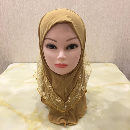 H043 beautiful small girl hijab with flower net cute hijab hats women's caps can fit 2-6 years old girls muslim baby headscarf