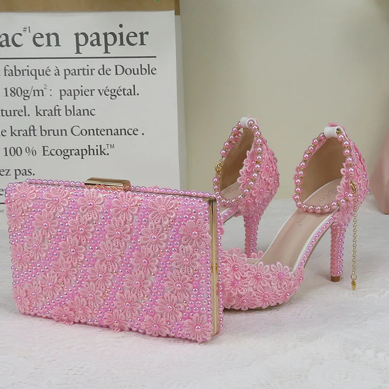 AB Pink Pearl Flower Wedding Shoes With Matching Bags High Heels Pointed Toe Ankle Strap Ladies Party Shoe and Bag Set