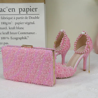 AB Pink Pearl Flower Wedding Shoes With Matching Bags High Heels Pointed Toe Ankle Strap Ladies Party Shoe and Bag Set