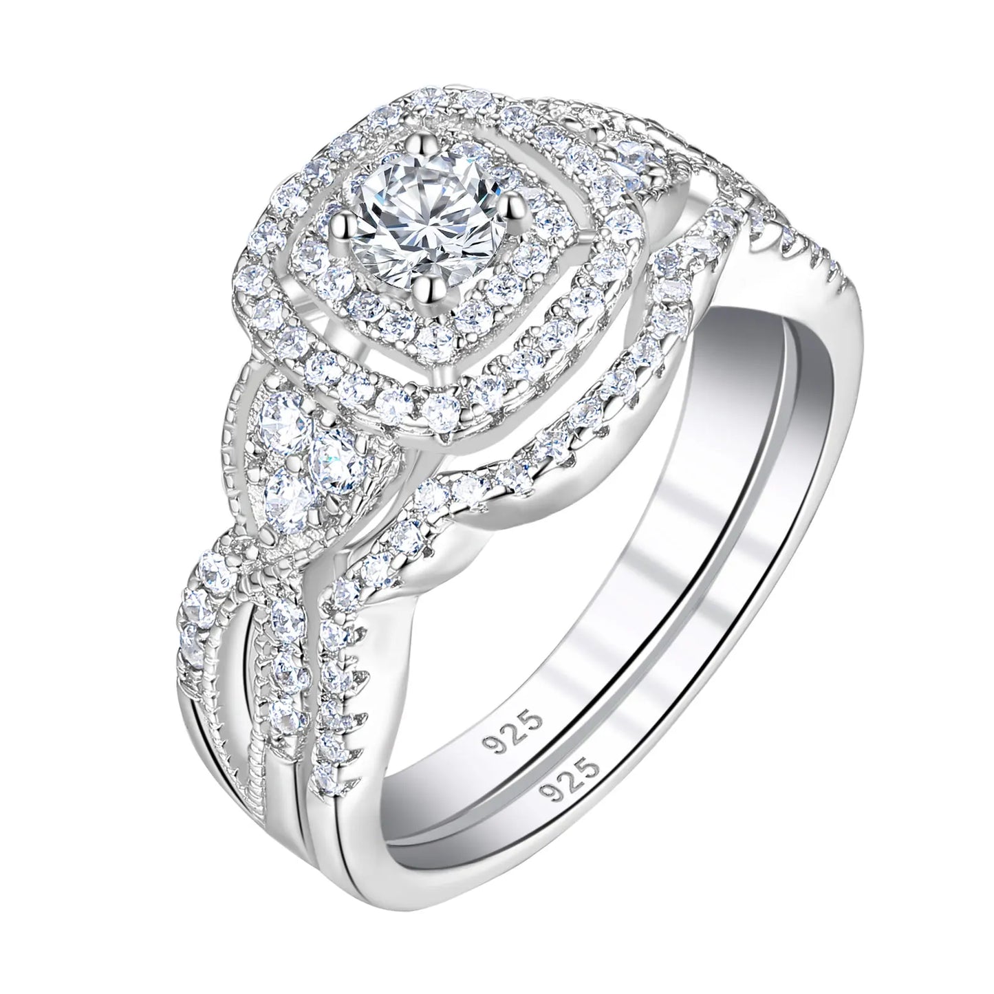 Newshe 2 Pcs 925 Sterling Silver Wedding Rings for Women Double Halo AAAAA Cubic Zircons Engagement Ring Bridal Set Jewelry