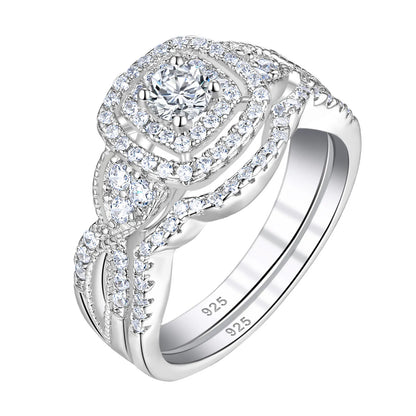 Newshe 2 Pcs 925 Sterling Silver Wedding Rings for Women Double Halo AAAAA Cubic Zircons Engagement Ring Bridal Set Jewelry