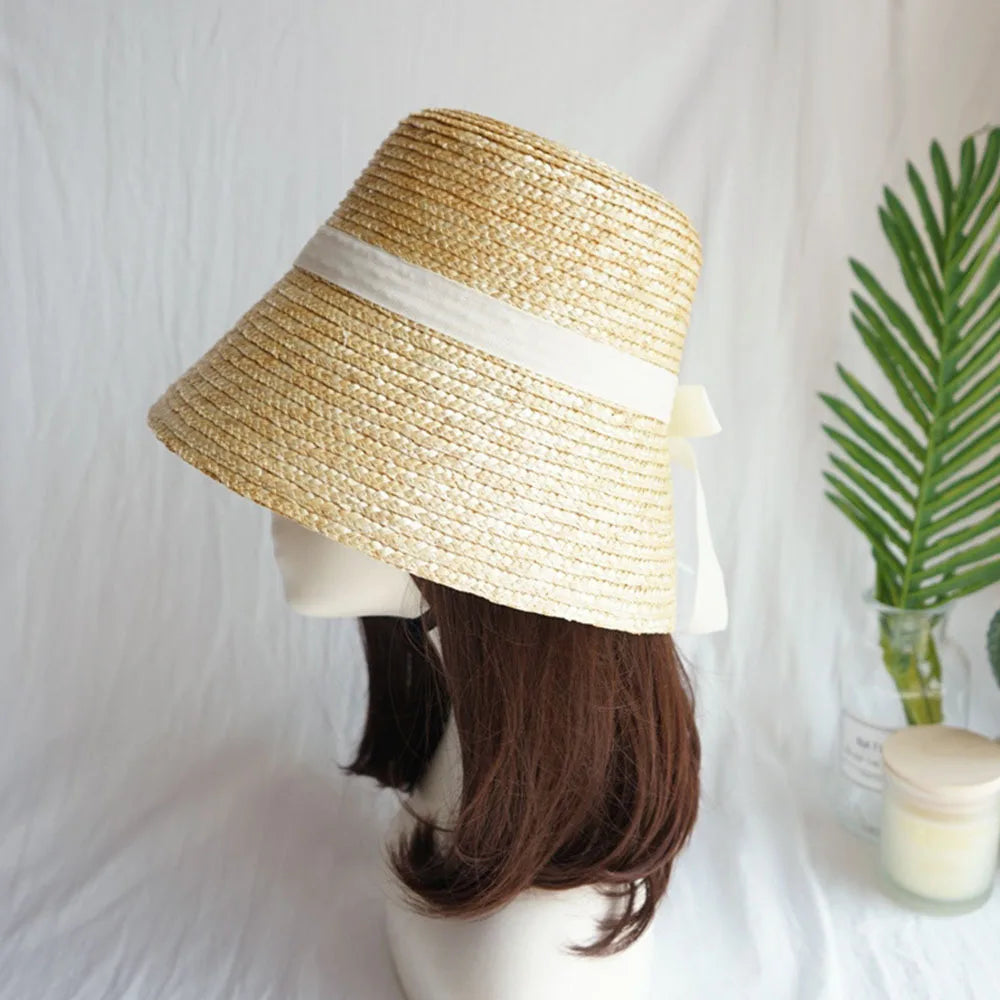 Handmade Summer Hats For Women Ladies Sun Hat Ribbon Bowknot Beige Straw Hat Adjuatble Beach Hat Wide Brim Kentucky Derby Hat