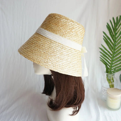 Handmade Summer Hats For Women Ladies Sun Hat Ribbon Bowknot Beige Straw Hat Adjuatble Beach Hat Wide Brim Kentucky Derby Hat