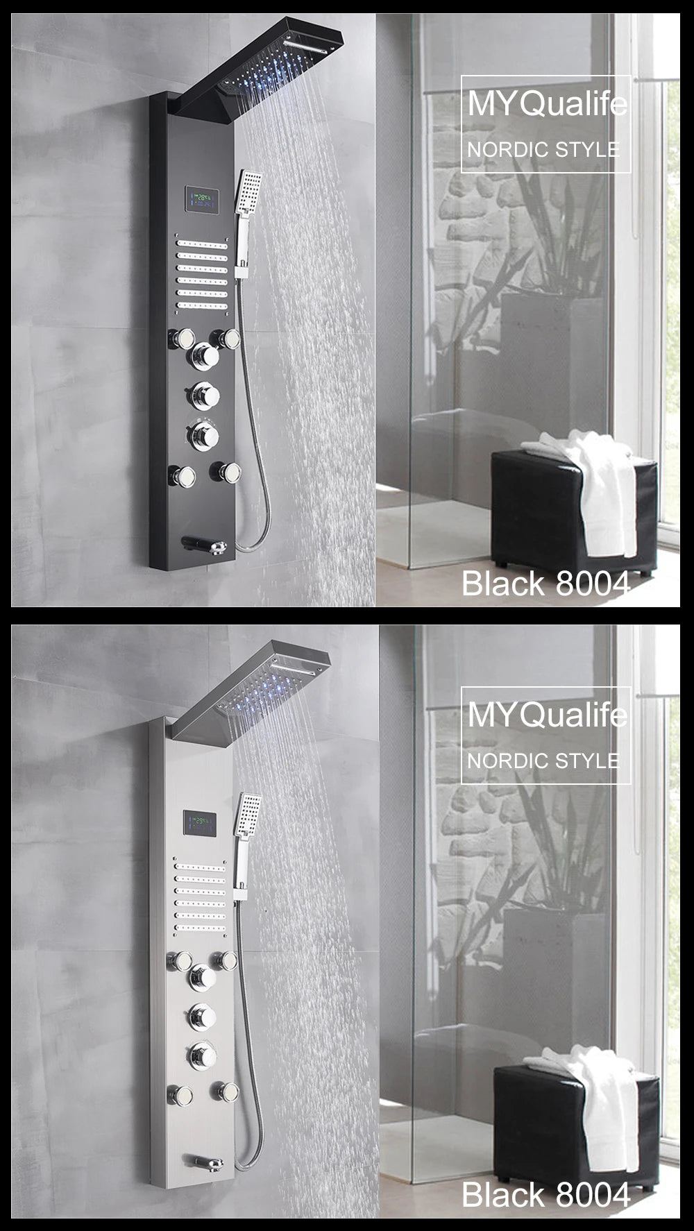 LED Light Shower Panel Waterfall Rain Digital Display Shower Faucet Set SPA Massage Jet Bathroom Column Mixer Tap Tower System