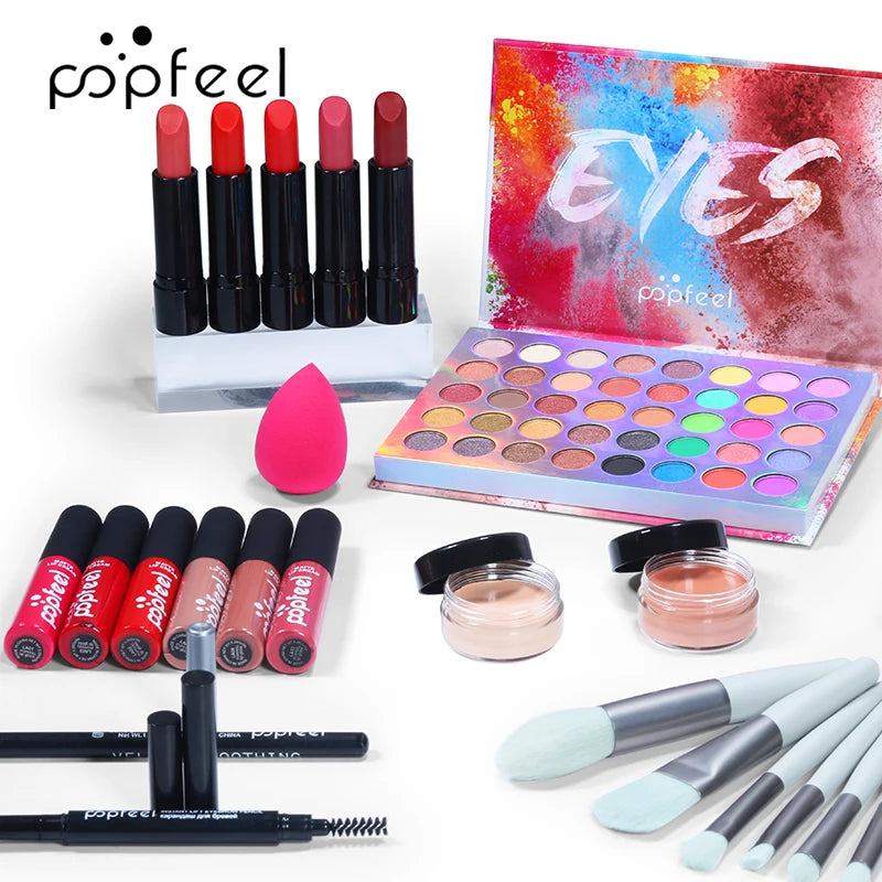 POPFEEL All In One Makeup Kit Cosmetics Set Eyeshadow Palette Concealer Foundation Makeup Brush Eyebrow Pencil Lipgloss Kit