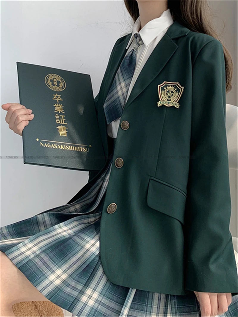 2024 Fashion Spring Autumn JK Uniform Jacket Three Buttons Suit Jacket College Style Female Student Suit Long Sleeves Green