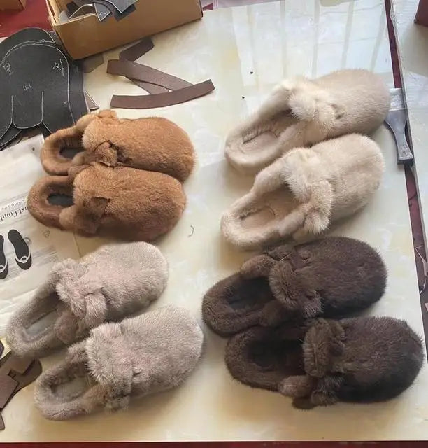 Female Luxury Real Mink Fur Slippers, Women's Clogs, Slip-on Casual Winter Shoes, Mules Shoes Women Luxury Designer Mink Slipper