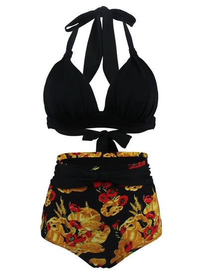 Pleated Bikini Red Top Navy Blue With White Dots Bottom Women Classic High Waist Halter Bikini Sets Plus Size Two-piece Swimwear