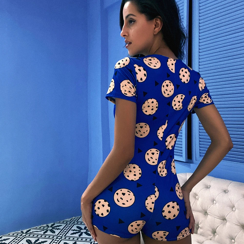 OMSJ 2024 Blue Cookie Print Women's Basic Button Casual Short Sleeve Rompers Female Bodycon Workout Playsuit Hot S-3XL Overalls