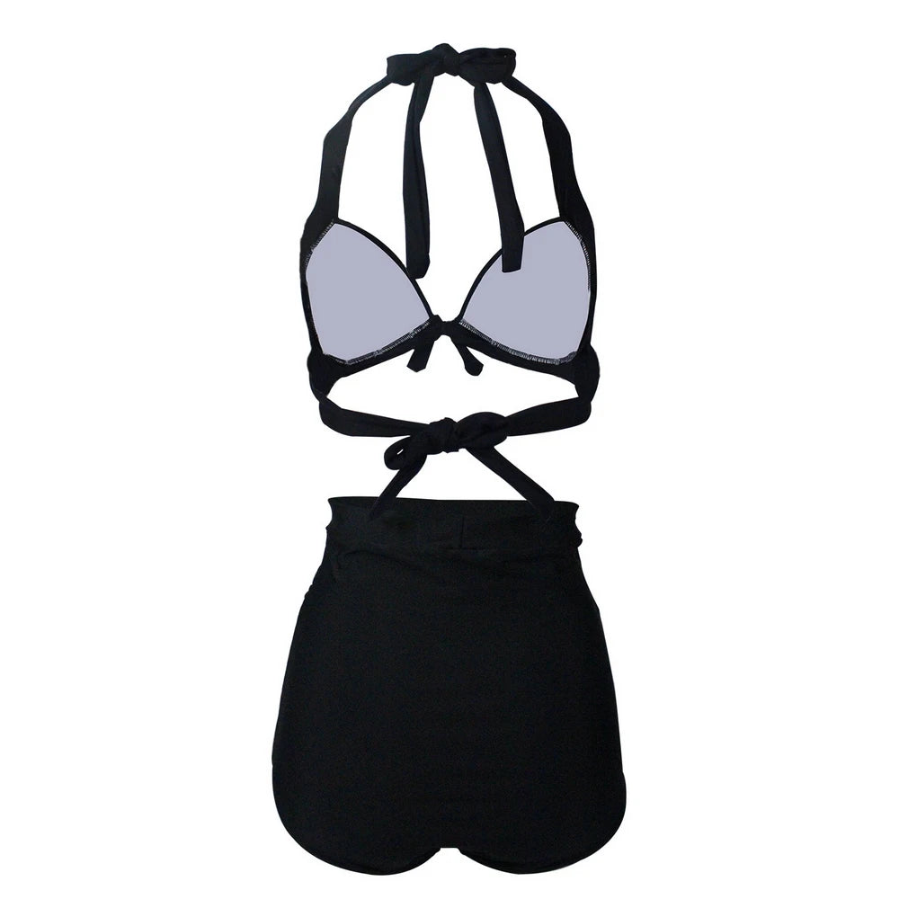 Pleated Bikini Red Top Navy Blue With White Dots Bottom Women Classic High Waist Halter Bikini Sets Plus Size Two-piece Swimwear