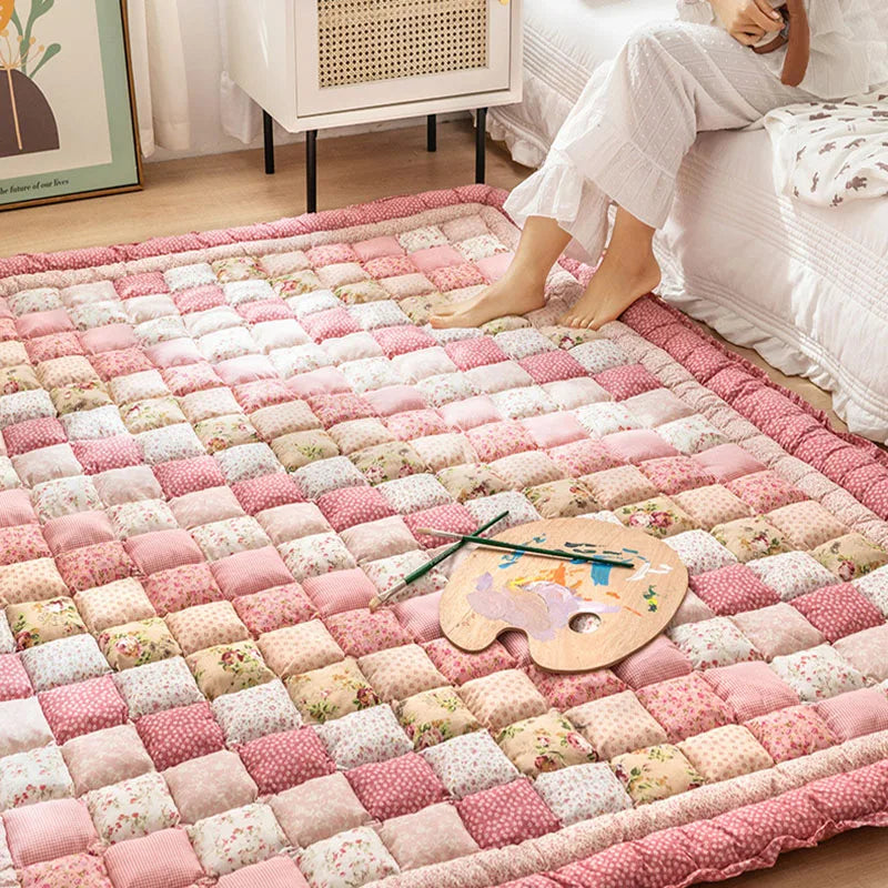 Large Thick Cotton Quilted Rugs for Living Room Anti Slip Bedroom Bedside Carpet Rugs Winter Warm Floral Print Tatami Floor Mats