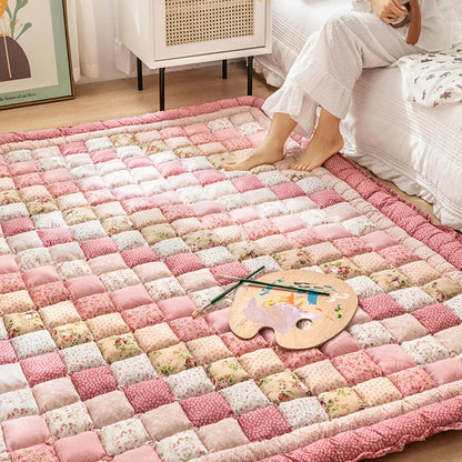 Large Thick Cotton Quilted Rugs for Living Room Anti Slip Bedroom Bedside Carpet Rugs Winter Warm Floral Print Tatami Floor Mats