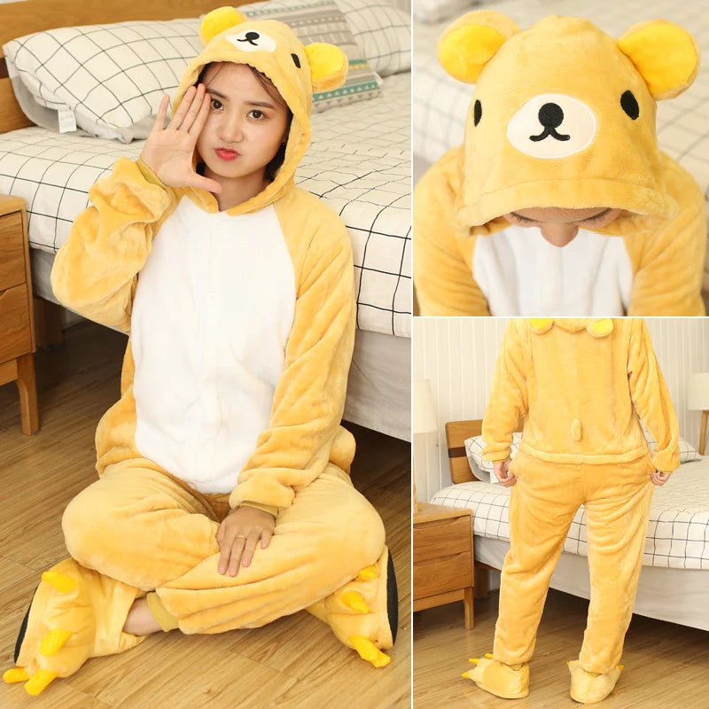 Adults and Children's Kigurumi Animal Onesies Unicorn Bear Pajamas Cartoon Frog Panda Women Men Warm Flannel Hooded Sleepwear