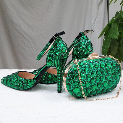 BaoYaFang 2022 NEW ARRIVE Green Crystal Wedding Shoes Woman Thin Heel Pointed Toe Bridal Party Dress Shoe Big Size High Pumps