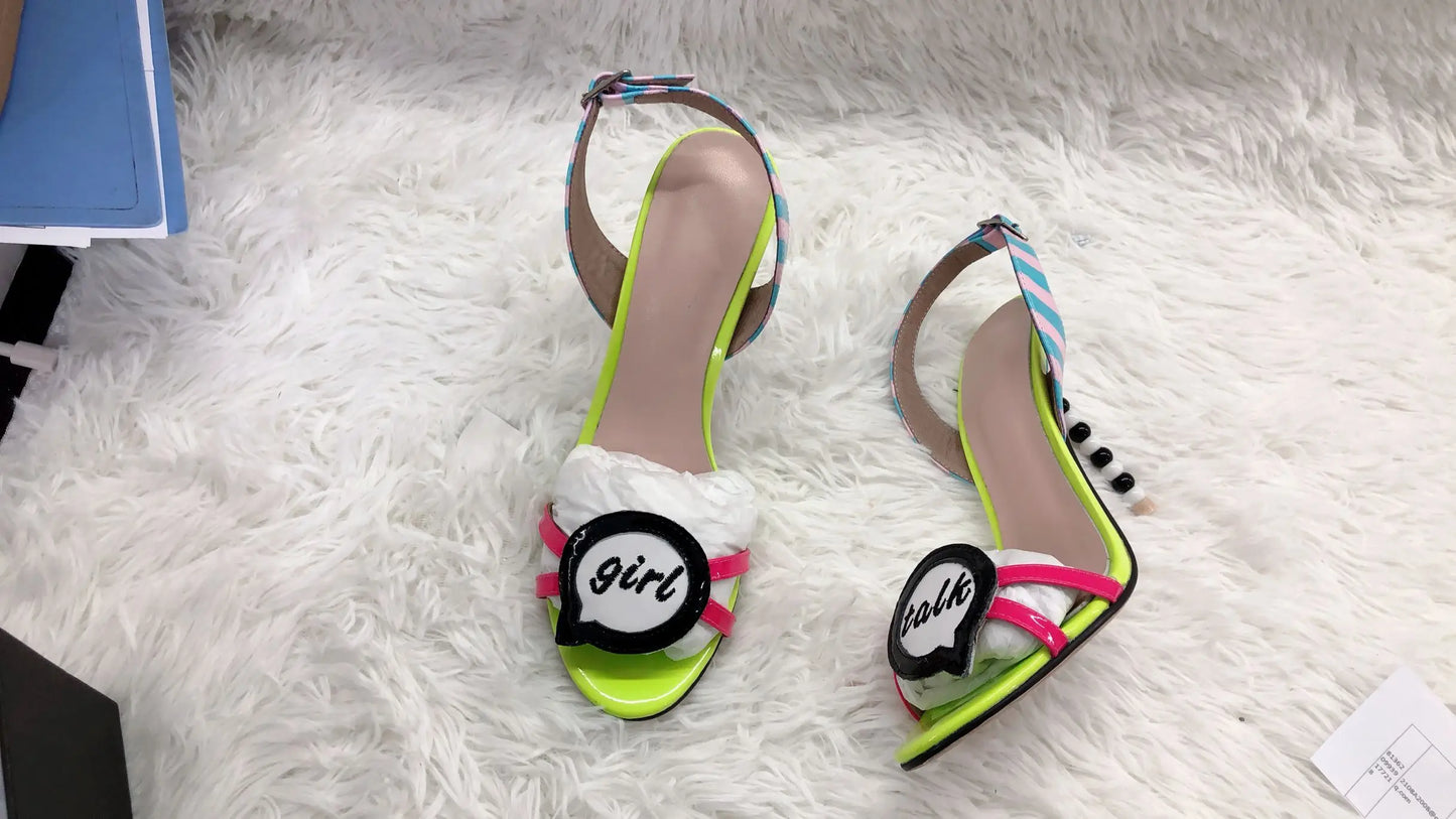 Women Slingback Sandal String Beading Heel Yellow Pink Printed Leather Gladiator Pearl Heels Patchwork Celebrating Summer Shoes