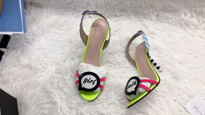 Women Slingback Sandal String Beading Heel Yellow Pink Printed Leather Gladiator Pearl Heels Patchwork Celebrating Summer Shoes