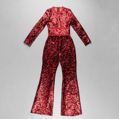2021 Spring New Jumpsuits Hot Sale Sexy Lace Hollow Out Rompers Red Flame Pants Women's Fashion Club Street Wear